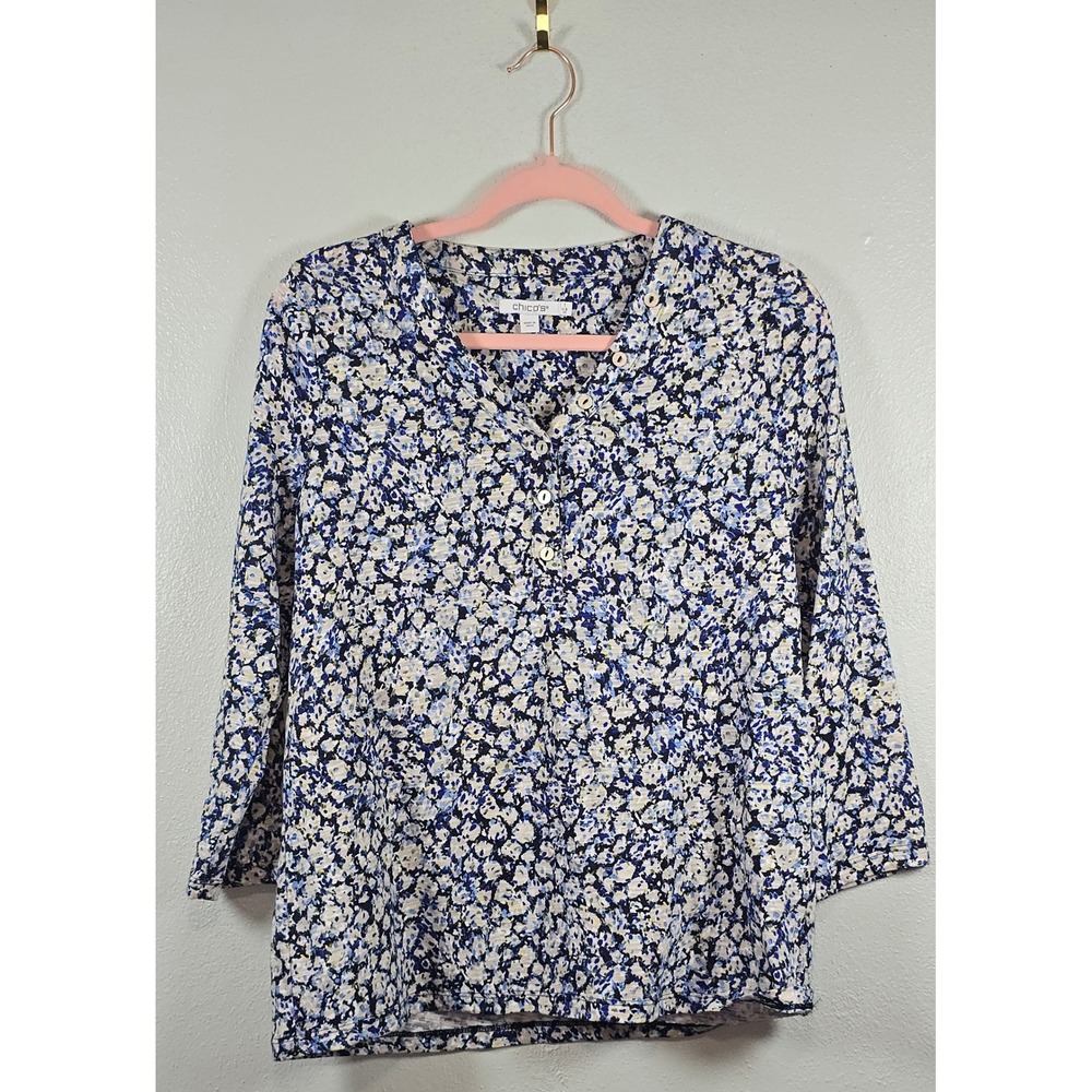 Chico's Floral Henley Top Size 1 M Blue White Cotton Modal 3/4 Sleeve Blouse
